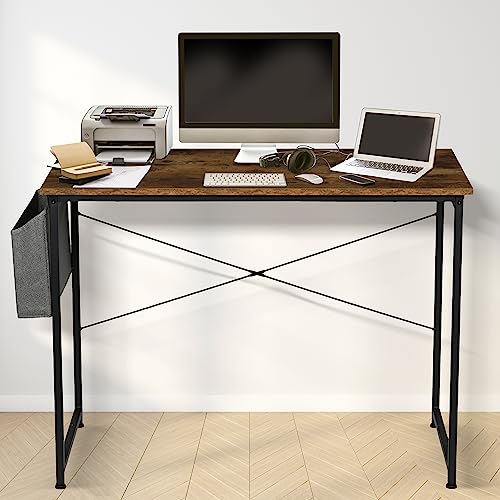 HealSmart Computer Office 47 Inch Writing Small Space Study Table Modern Simple Style Worktable with Storage Bag Wooden Desk for Home, Bedroom, Brown