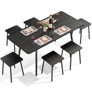qsun 7-piece 63" large dining table set for 4-6 people, extendable kitchen table set with 6 chairs, dining room table with round corner for small space, children protective design, black