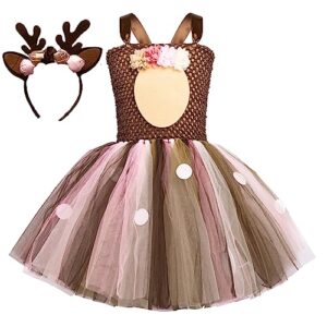 tutu dreams reindeer costume girls kids flower pink tutu dress with antler headband halloween birthday christmas jungle party