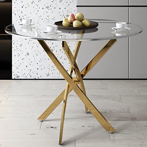 36" Round Dining Table for 4, Glass Kitchen & Dining Room Tables, Modern Circle Dining Room Table with 0.39" Tempered Glass Tabletop and Gold Finish Stainless Steel Legs for Dinner Small Spaces