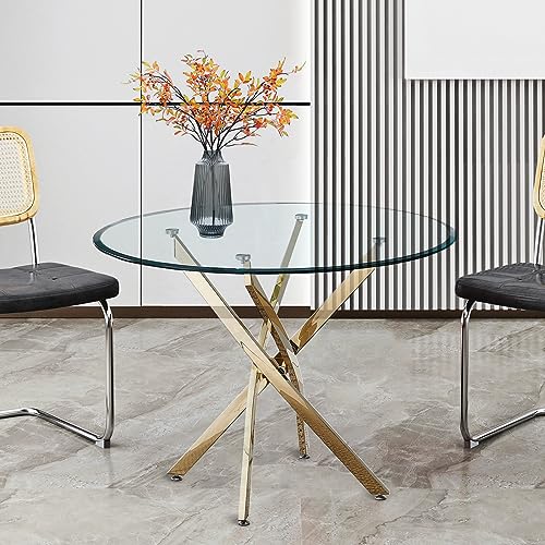 36" Round Dining Table for 4, Glass Kitchen & Dining Room Tables, Modern Circle Dining Room Table with 0.39" Tempered Glass Tabletop and Gold Finish Stainless Steel Legs for Dinner Small Spaces