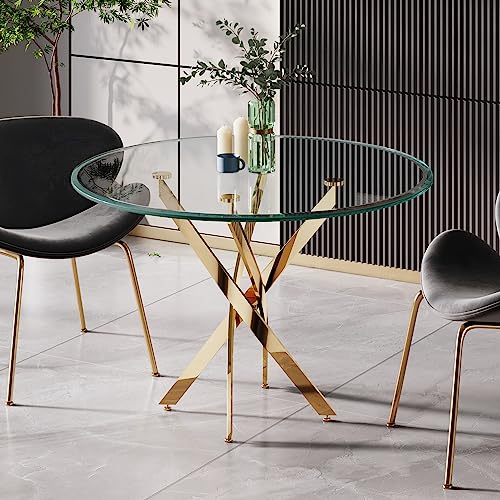 36" Round Dining Table for 4, Glass Kitchen & Dining Room Tables, Modern Circle Dining Room Table with 0.39" Tempered Glass Tabletop and Gold Finish Stainless Steel Legs for Dinner Small Spaces