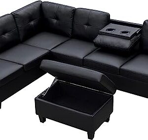 EMKK L-Shape Sofa Couch with Chaise Lounge,Modern Upholstery Sectional Sofá with Storage Ottoman for Living Room Furniture Set, Apartment and Large Space, Black