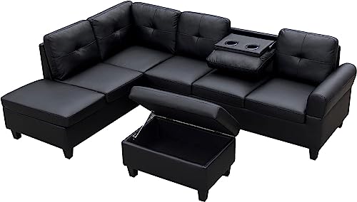 EMKK L-Shape Sofa Couch with Chaise Lounge,Modern Upholstery Sectional Sofá with Storage Ottoman for Living Room Furniture Set, Apartment and Large Space, Black