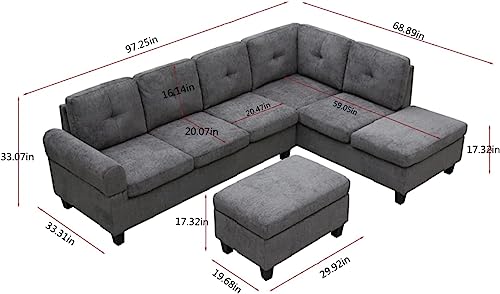 EMKK L-Shape Sofa Couch with Chaise Lounge,Modern Upholstery Sectional Sofá with Storage Ottoman for Living Room Furniture Set, Apartment and Large Space, Black