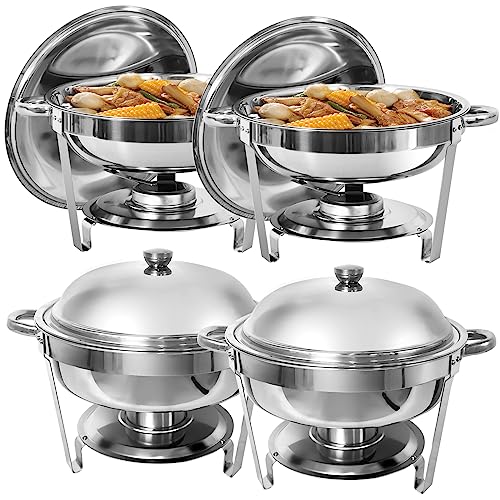 PRIJESSE Chafing Dish Buffet Set 5 QT Stainless Steel Round Buffet Servers and Warmers, Chaffing Servers with Covers, Catering, Chafer,Food Warmer for Parties Weddings (4 Pack)