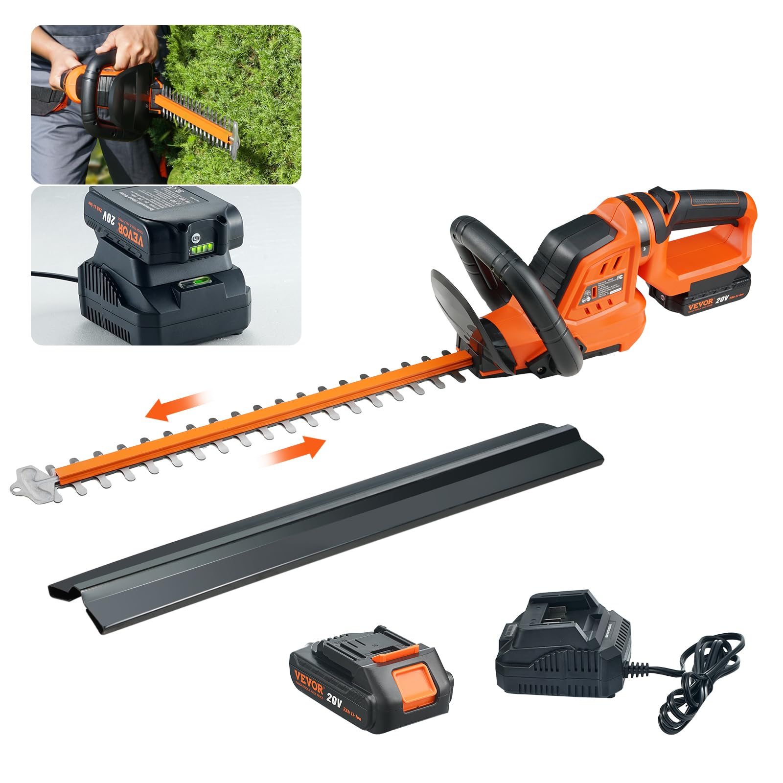 VEVOR Cordless Hedge Trimmer-20V Electric Bush Trimmer Kit with 18 inch Double-Edged Steel Blade, 180° Rotating Handle and Blade Cover for Your Safety(2.0Ah Battery & Fast Charger Included)