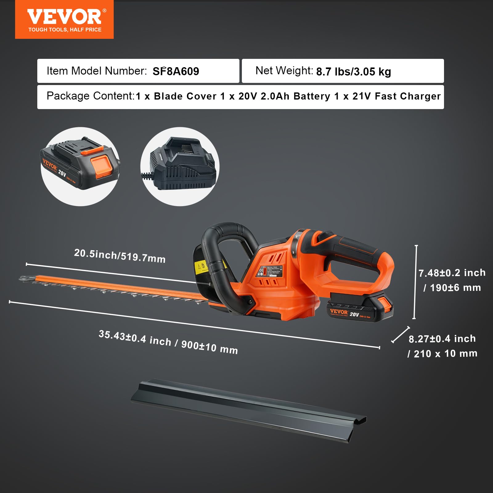 VEVOR Cordless Hedge Trimmer-20V Electric Bush Trimmer Kit with 18 inch Double-Edged Steel Blade, 180° Rotating Handle and Blade Cover for Your Safety(2.0Ah Battery & Fast Charger Included)