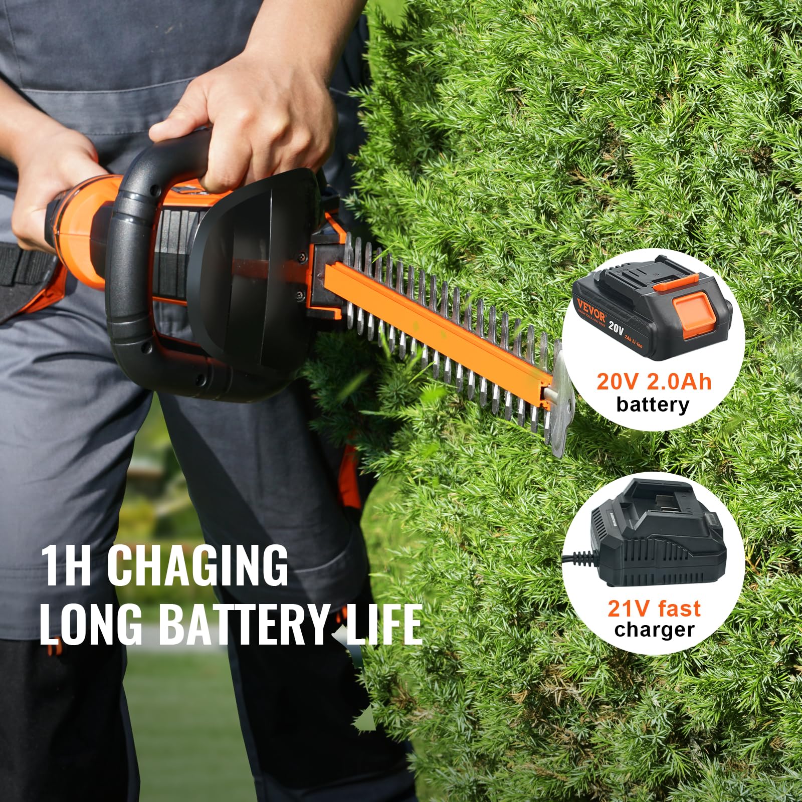 VEVOR Cordless Hedge Trimmer-20V Electric Bush Trimmer Kit with 18 inch Double-Edged Steel Blade, 180° Rotating Handle and Blade Cover for Your Safety(2.0Ah Battery & Fast Charger Included)