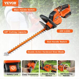 VEVOR Cordless Hedge Trimmer-20V Electric Bush Trimmer Kit with 18 inch Double-Edged Steel Blade, 180° Rotating Handle and Blade Cover for Your Safety(2.0Ah Battery & Fast Charger Included)