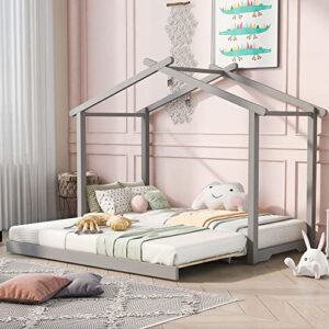 OPTOUGH Wooden Bed Frame, Twin XL/King Size House Platform Bed with Trundle, Roof Design for Adults, Kids, No Spring Box Required, Bedroom Furniture, Gray