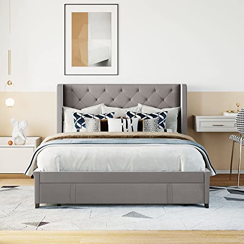 YuiHome Queen Size Velvet Upholstered Platform Bed with a Big Drawer, Queen Storage Bed with Wingback Headboard for Bedroom Guestroom, No Box Spring Needed, Gray
