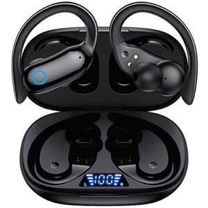 GNMN Bluetooth Headphones Wireless Earbuds 48hrs Playback IPX7 Waterproof Ear Buds Over-Ear Stereo Bass Earphones with Earhooks Microphone LED Battery Display for Sports/Workout/Gym/Running Black