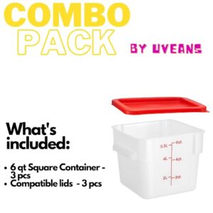 uVeans 6 pack Square Sous Vide Containers With Lids - 6 Quart Restaurant Supplies Food Containers - 3 Containers and 3 Lids Food Service