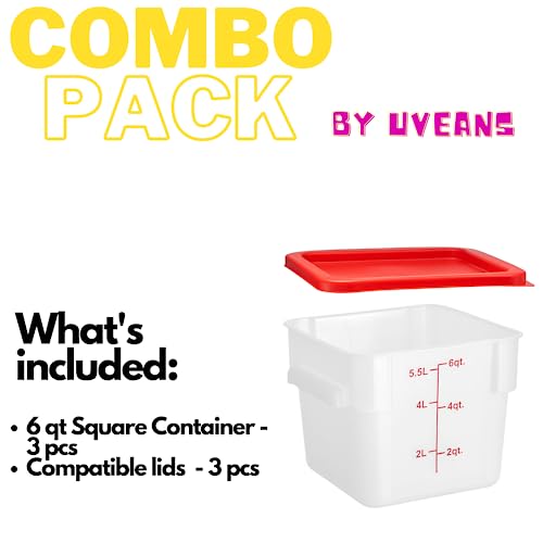 uVeans 6 pack Square Sous Vide Containers With Lids - 6 Quart Restaurant Supplies Food Containers - 3 Containers and 3 Lids Food Service