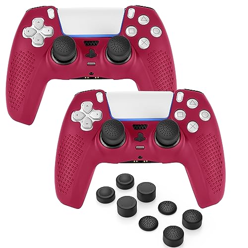 FAMOMI PS5 Controller Skin, Anti-Slip Soft Silicone Protective Cover Case for Playstation 5 Dualsense Controller Grip Accessories, 2 Pack with 8 x Thumb Grip Caps (Cosmic Red)