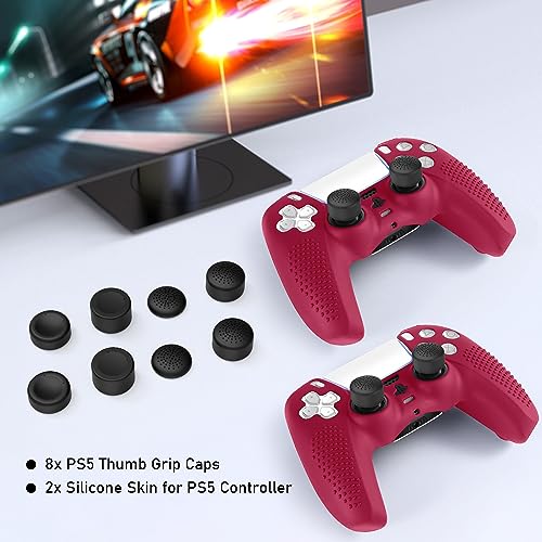 FAMOMI PS5 Controller Skin, Anti-Slip Soft Silicone Protective Cover Case for Playstation 5 Dualsense Controller Grip Accessories, 2 Pack with 8 x Thumb Grip Caps (Cosmic Red)