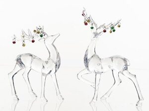 christmas reindeer set of 2 in clear acrylic, christmas jingle bells on antlers, holiday deer figurines, 10 and 11 inches high, cut glass appearance