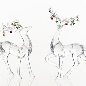 Christmas Reindeer Set of 2 in Clear Acrylic, Christmas Jingle Bells on Antlers, Holiday Deer Figurines, 10 and 11 Inches High, Cut Glass Appearance