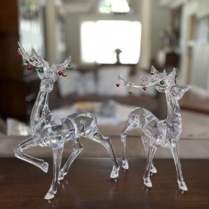 Christmas Reindeer Set of 2 in Clear Acrylic, Christmas Jingle Bells on Antlers, Holiday Deer Figurines, 10 and 11 Inches High, Cut Glass Appearance