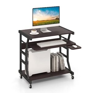 tangkula mobile computer desk with keyboard tray, portable small rolling desk with mouse tray & bottom storage shelf, rolling laptop pc desk cart with lockable wheels for small space (brown)