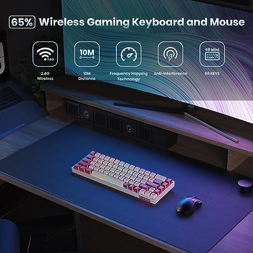 GEODMAER 65% Wireless Gaming Keyboard, Rechargeable Backlit Gaming Keyboard, Ultra-Compact Mini Mechanical Feel Anti-ghosting Keyboard for PC Laptop PS5 PS4 Xbox One Mac Gamer (White-Red)