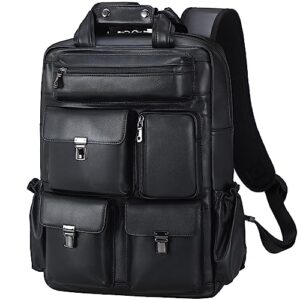 masa kawa black leather backpack for men 15.6 inch laptop bag multi pockets rucksack casual business work travel daypack