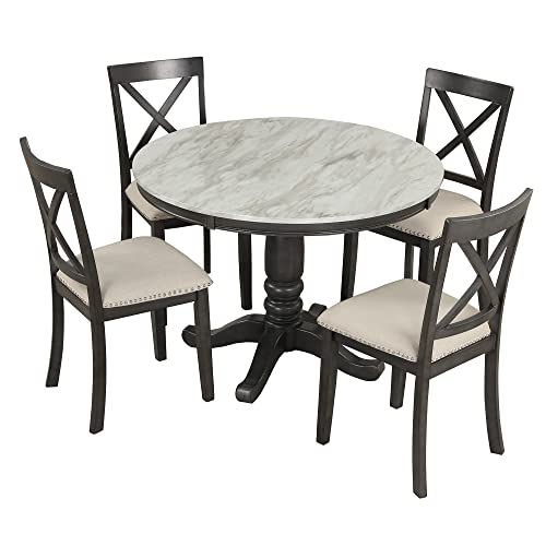 OPTOUGH 5 Piece Round Dining Table Set for 4, Marble Veneer and X Back 4 Upholstered Chairs, 42-Inch, Gray