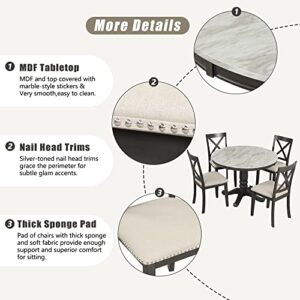 OPTOUGH 5 Piece Round Dining Table Set for 4, Marble Veneer and X Back 4 Upholstered Chairs, 42-Inch, Gray