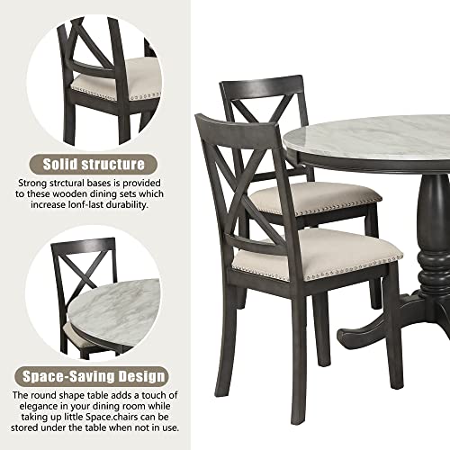 OPTOUGH 5 Piece Round Dining Table Set for 4, Marble Veneer and X Back 4 Upholstered Chairs, 42-Inch, Gray