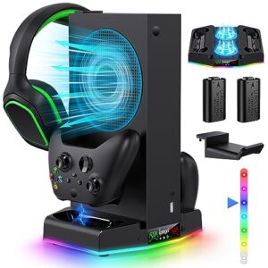 cooling stand & charging station for xbox series s with rgb light strip,dual charger of controllers and cooler fan for xss console accessories with 2*1400mah rechargeable battery pack,1*headphone hook