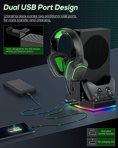 Cooling Stand & Charging Station for Xbox Series S with RGB Light Strip,Dual Charger of Controllers and Cooler Fan for XSS Console Accessories with 2*1400mAH Rechargeable Battery Pack,1*Headphone Hook