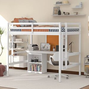 biadnbz full size loft bed with desk and writing board, wooden loftbed with desk & 2 drawers cabinet for kids,white