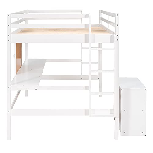 BIADNBZ Full Size Loft Bed with Desk and Writing Board, Wooden LoftBed with Desk & 2 Drawers Cabinet for Kids,White