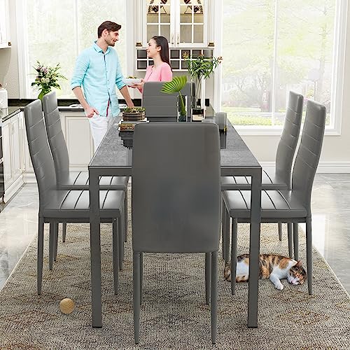 Recaceik Glass Dining Table Sets for 6, 7 Piece Kitchen Table and Chairs Set for 6 Person, Tempered Glass Table and PU Leather Chairs Modern Dining Room Sets for Small Dinette Apartment