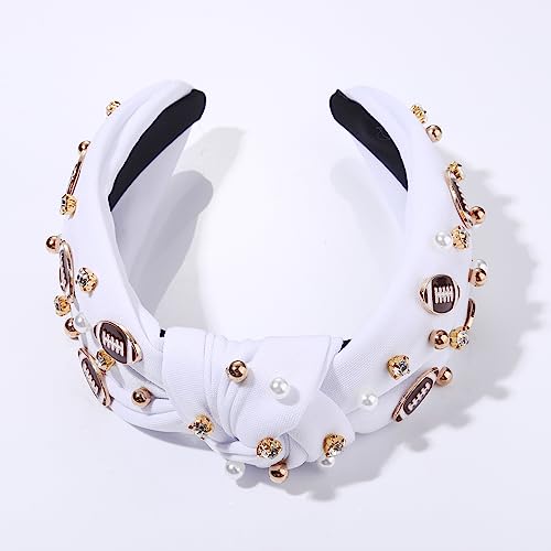 Football Headband Pearl Rhinestone Jeweled Knotted Headband Fun Sports White Hot Pink Black Blue Football Embellished Wide Top Knot Hairband Headpiece Game Day Sports Hair Accessories Gift for Football Mom Fans (white football headband)