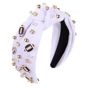 football headband pearl rhinestone jeweled knotted headband fun sports white hot pink black blue football embellished wide top knot hairband headpiece game day sports hair accessories gift for football mom fans (white football headband)