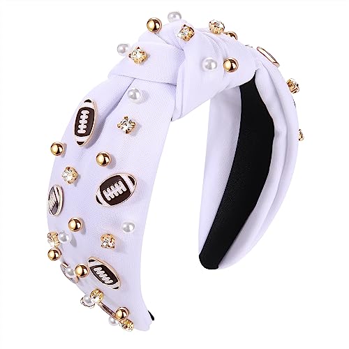 Football Headband Pearl Rhinestone Jeweled Knotted Headband Fun Sports White Hot Pink Black Blue Football Embellished Wide Top Knot Hairband Headpiece Game Day Sports Hair Accessories Gift for Football Mom Fans (white football headband)