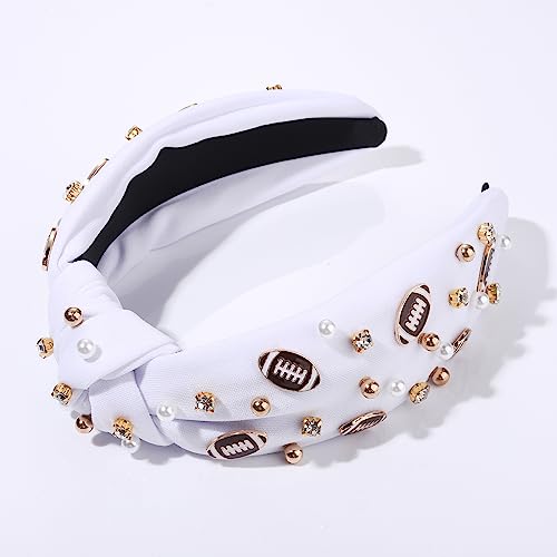 Football Headband Pearl Rhinestone Jeweled Knotted Headband Fun Sports White Hot Pink Black Blue Football Embellished Wide Top Knot Hairband Headpiece Game Day Sports Hair Accessories Gift for Football Mom Fans (white football headband)