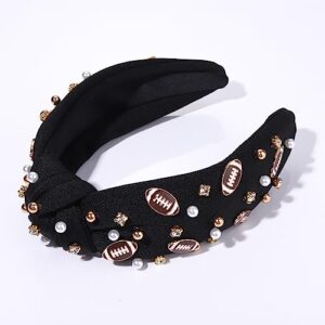 Football Headband Pearl Rhinestone Jeweled Knotted Headband Fun Sports White Hot Pink Black Blue Football Embellished Wide Top Knot Hairband Headpiece Game Day Sports Hair Accessories Gift for Football Mom Fans (black football headband)