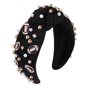 football headband pearl rhinestone jeweled knotted headband fun sports white hot pink black blue football embellished wide top knot hairband headpiece game day sports hair accessories gift for football mom fans (black football headband)
