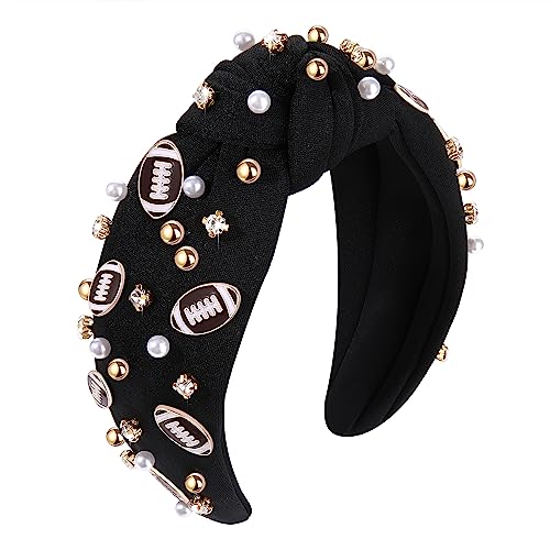 Football Headband Pearl Rhinestone Jeweled Knotted Headband Fun Sports White Hot Pink Black Blue Football Embellished Wide Top Knot Hairband Headpiece Game Day Sports Hair Accessories Gift for Football Mom Fans (black football headband)