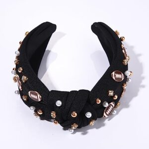 Football Headband Pearl Rhinestone Jeweled Knotted Headband Fun Sports White Hot Pink Black Blue Football Embellished Wide Top Knot Hairband Headpiece Game Day Sports Hair Accessories Gift for Football Mom Fans (black football headband)