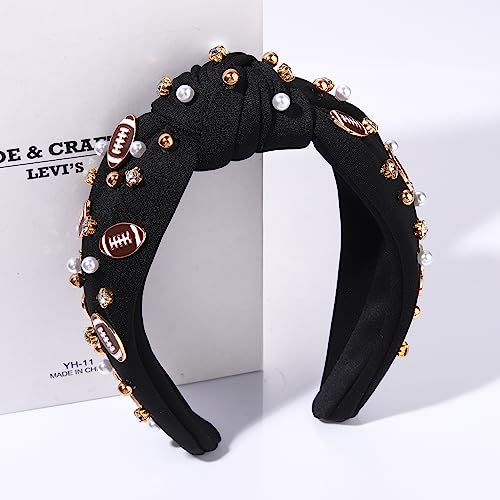 Football Headband Pearl Rhinestone Jeweled Knotted Headband Fun Sports White Hot Pink Black Blue Football Embellished Wide Top Knot Hairband Headpiece Game Day Sports Hair Accessories Gift for Football Mom Fans (black football headband)