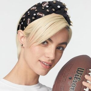 Football Headband Pearl Rhinestone Jeweled Knotted Headband Fun Sports White Hot Pink Black Blue Football Embellished Wide Top Knot Hairband Headpiece Game Day Sports Hair Accessories Gift for Football Mom Fans (black football headband)