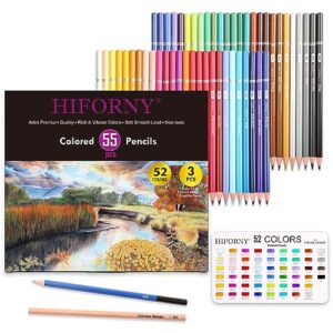 hiforny 55 pack colored pencils set for adult coloring,52 colors coloring pencils with extras,artists soft core,vibrant color,drawing pencils art craft supplies for adults beginners kids