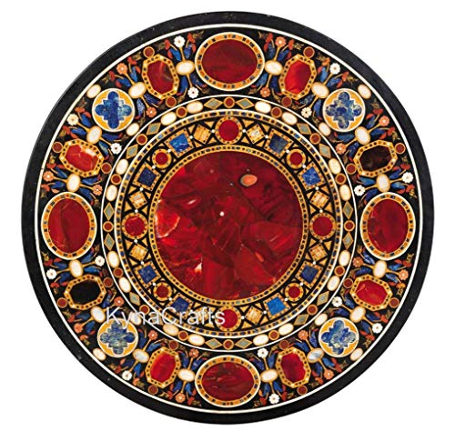 48 x 48 Inches Antique Pattern Inlay Work Meeting Table Top for Office Decor Round Shape Black Marble Dining Table with Elegant Look