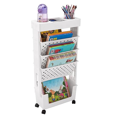 Mobile Bookshelf with Wheels, 5 Tier Multi-Functional Rolling Utility Cart with Pen Holder for Office, Dorm, Classroom, Kitchen, White*1pack