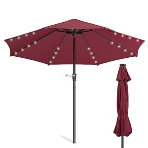 monibloom 9 ft patio umbrellas solar led lighted patio market crank lift water-proof umbrella with 8 ribs and sturdy pole for yard garden poolside patio, burgundy