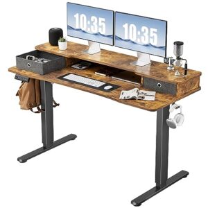 olixis double drawers, 55 x 24 inch electric sit stand up desk adjustable height home office computer table workstation with splice board, 24in x 55in, rustic brown